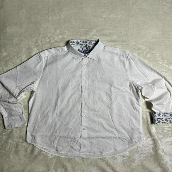 Robert Graham Paisley Button Up Men's L White on White Floral Flip Cuff Blue - Picture 1 of 10